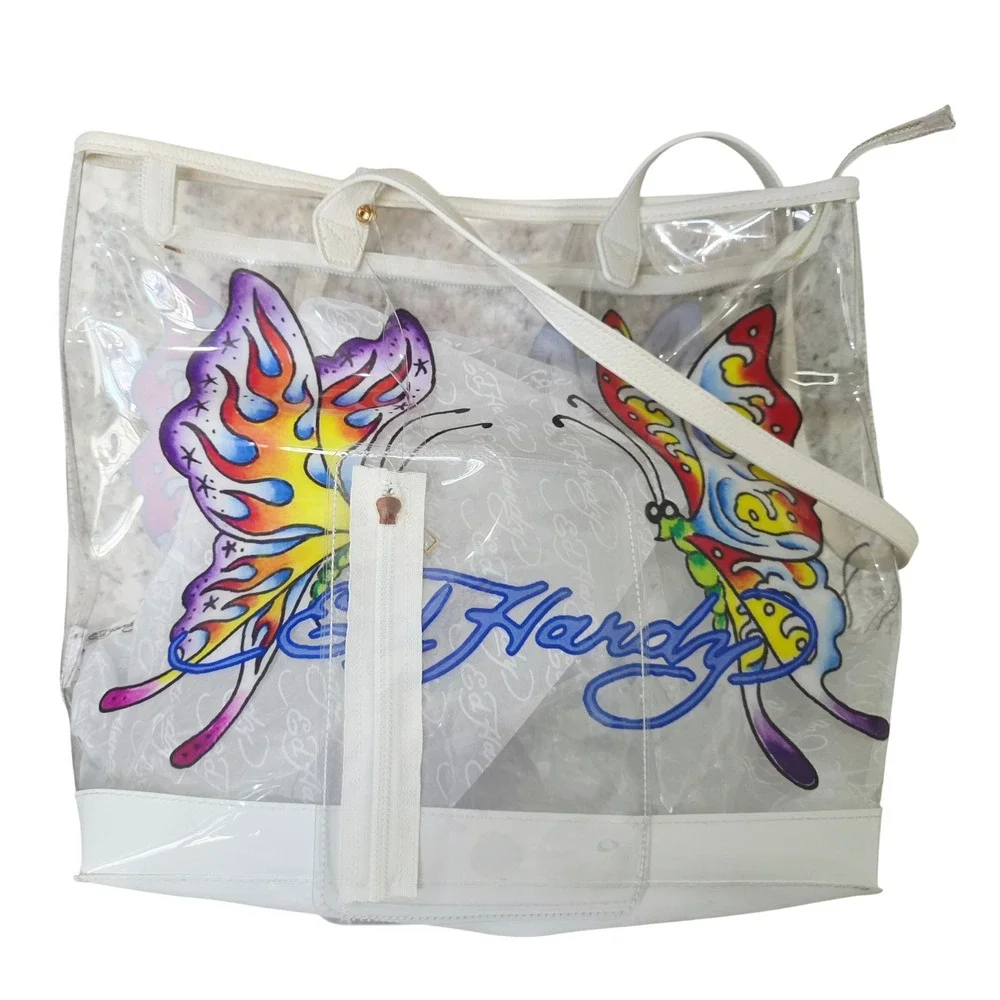Ed Hardy Clear PVC Butterfly Beach Tote Bag & Zip Pouch Purple White 14x13x6 NWT